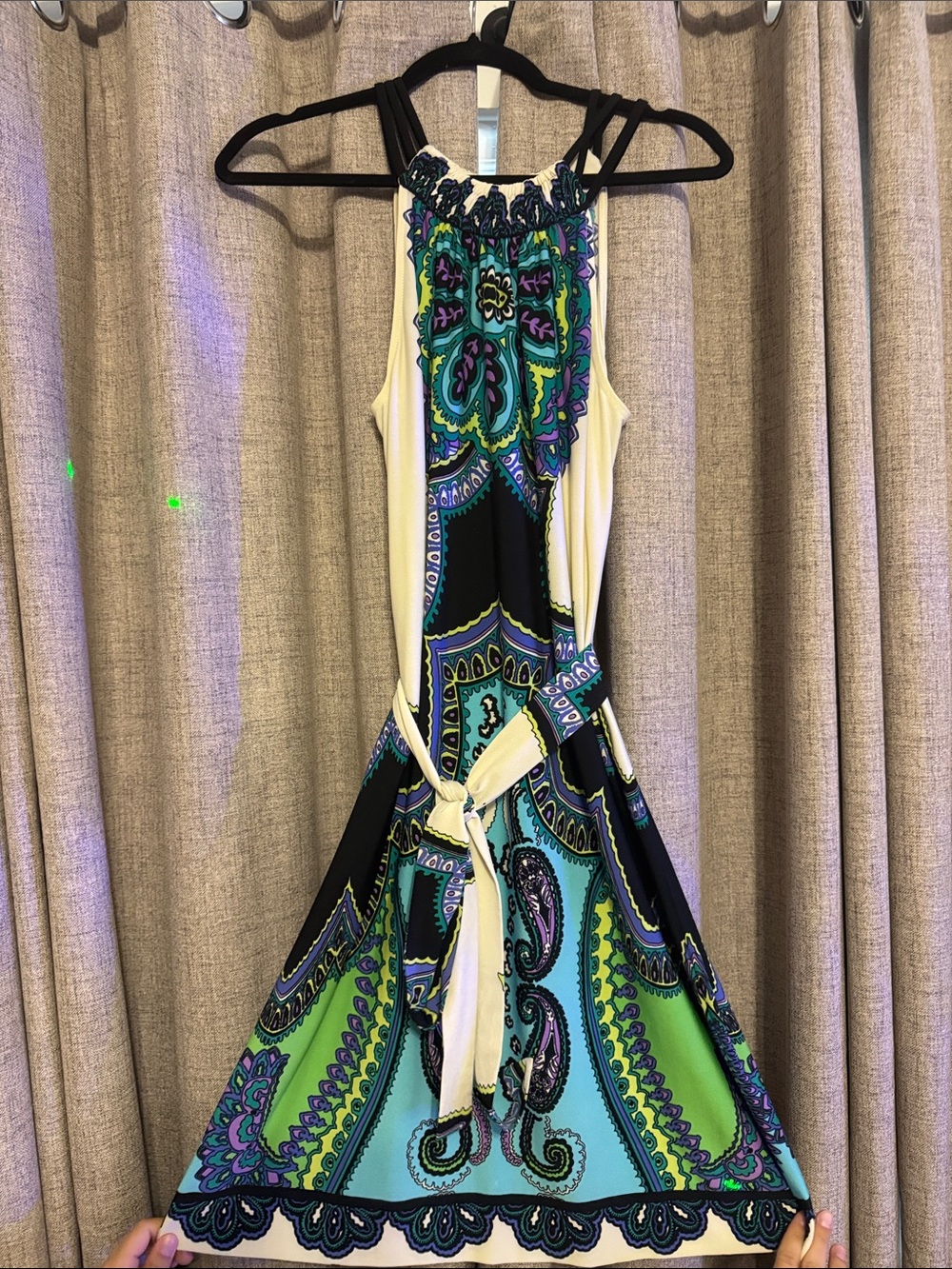 Donna Morgan Printed Halter-Smock Dress in Teal & Black, Sz 8
